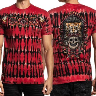 Affliction Black Label Mythic Warlord Aztec Warrior Skull Tiger Headdress Roses Axes Rhinestones Mens Short Sleeve T-Shirt in Red - SIZES S-3X